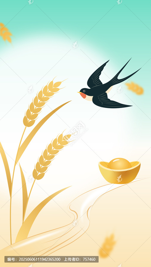 小麥燕子和金元寶組合國風插畫