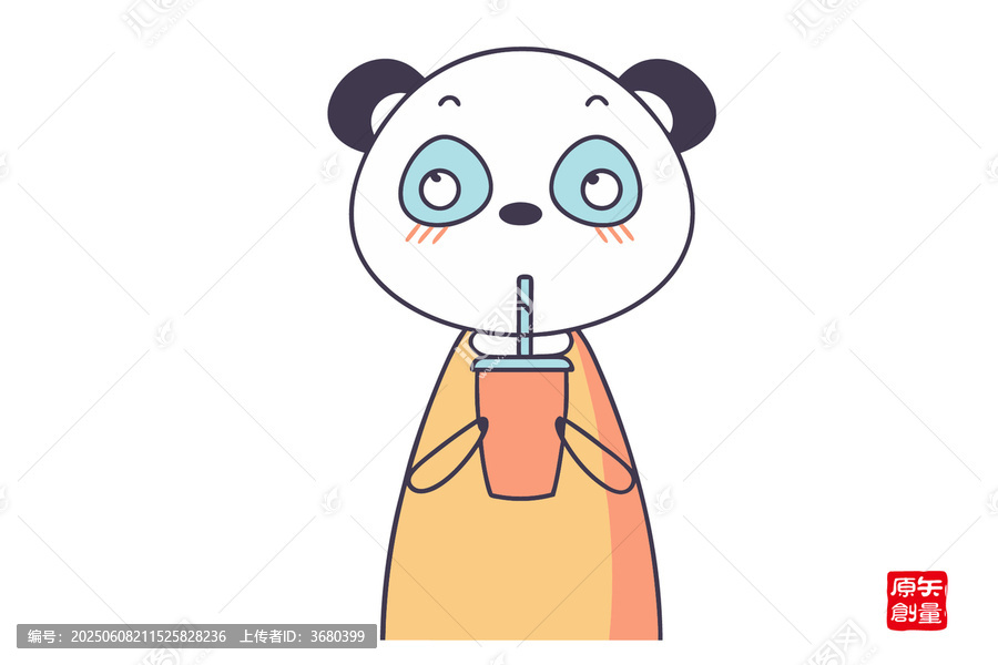 卡通熊貓愜意喝飲料