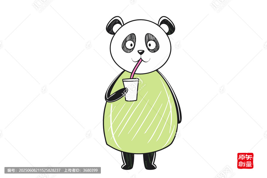 卡通熊貓喝飲料可愛插畫