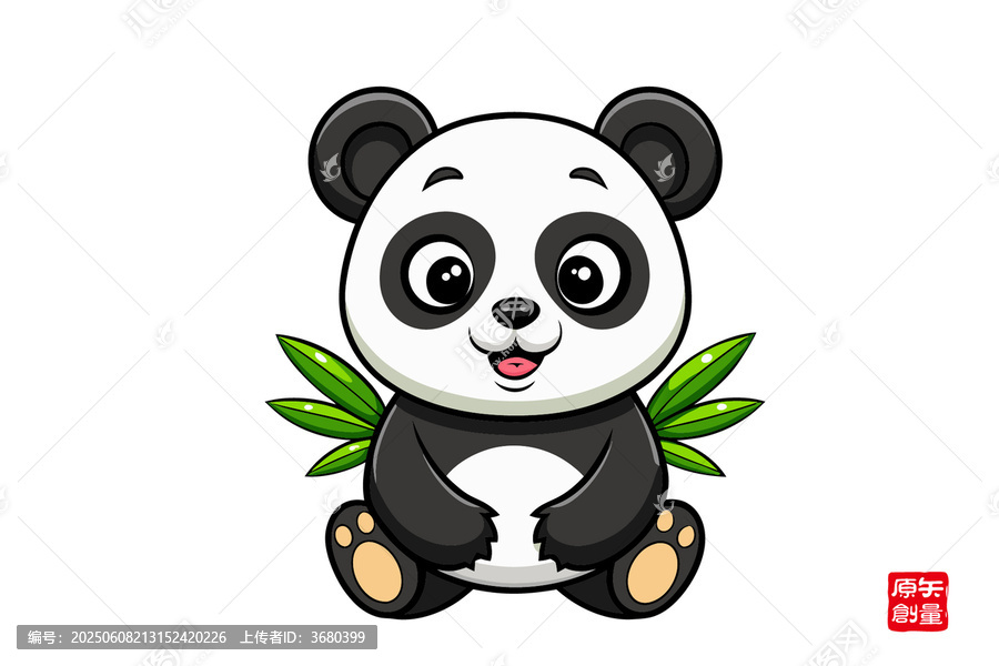可愛卡通熊貓與翠綠竹葉
