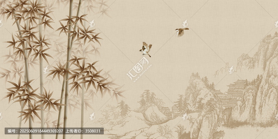 意境山水竹鳥裝飾畫