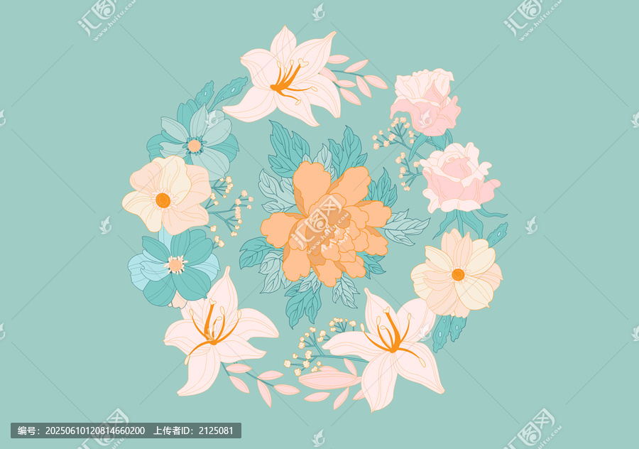 清新花卉環(huán)形圖案插畫國潮紋樣