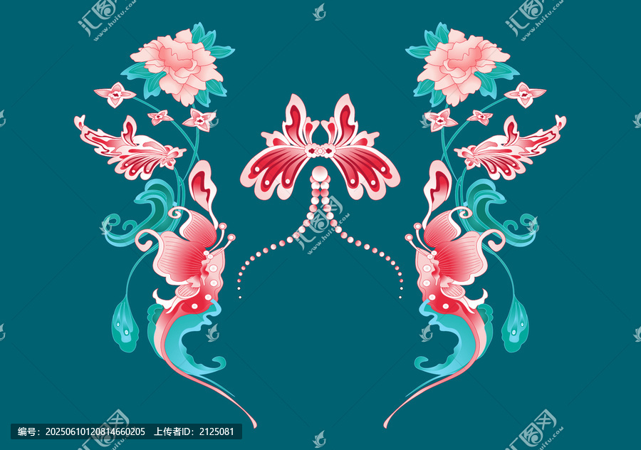 中式古典花卉蝴蝶裝飾圖案國潮紋樣