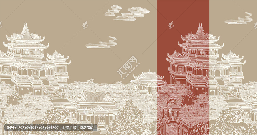 新中式肌理線(xiàn)條山水閣樓背景墻