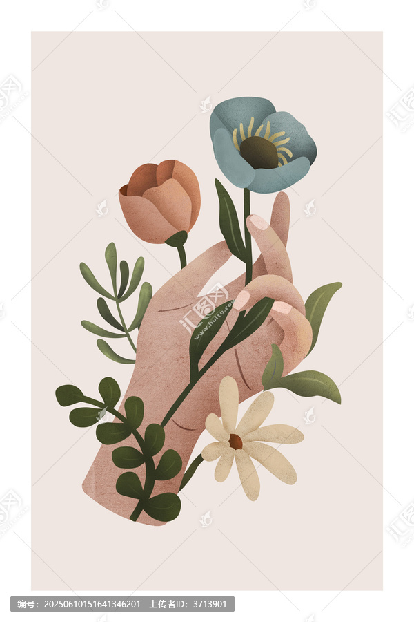 手繪手與花卉插畫