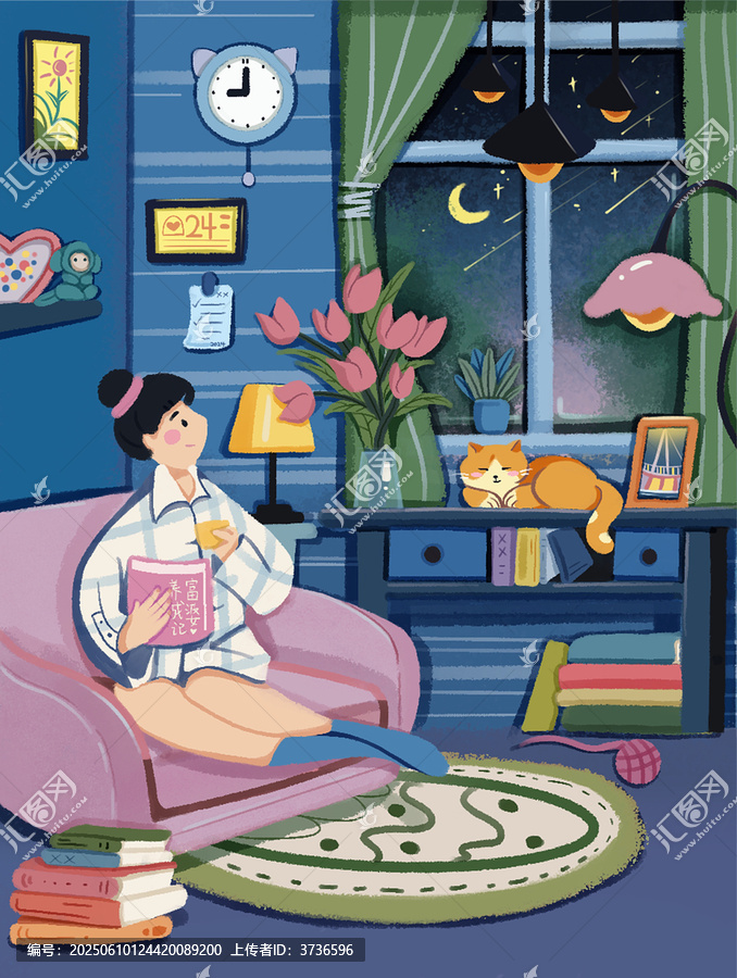 扁平風(fēng)插畫室內(nèi)夜晚靜謐