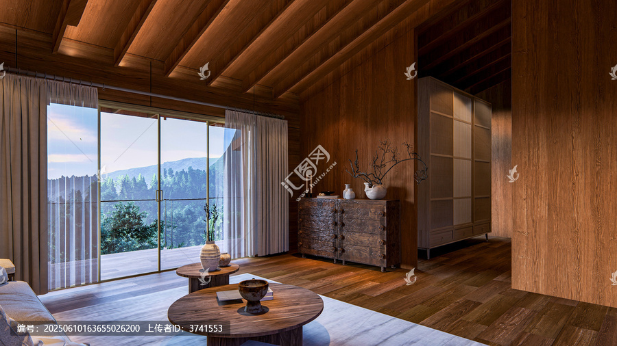 木質(zhì)溫馨客廳窗外山景美