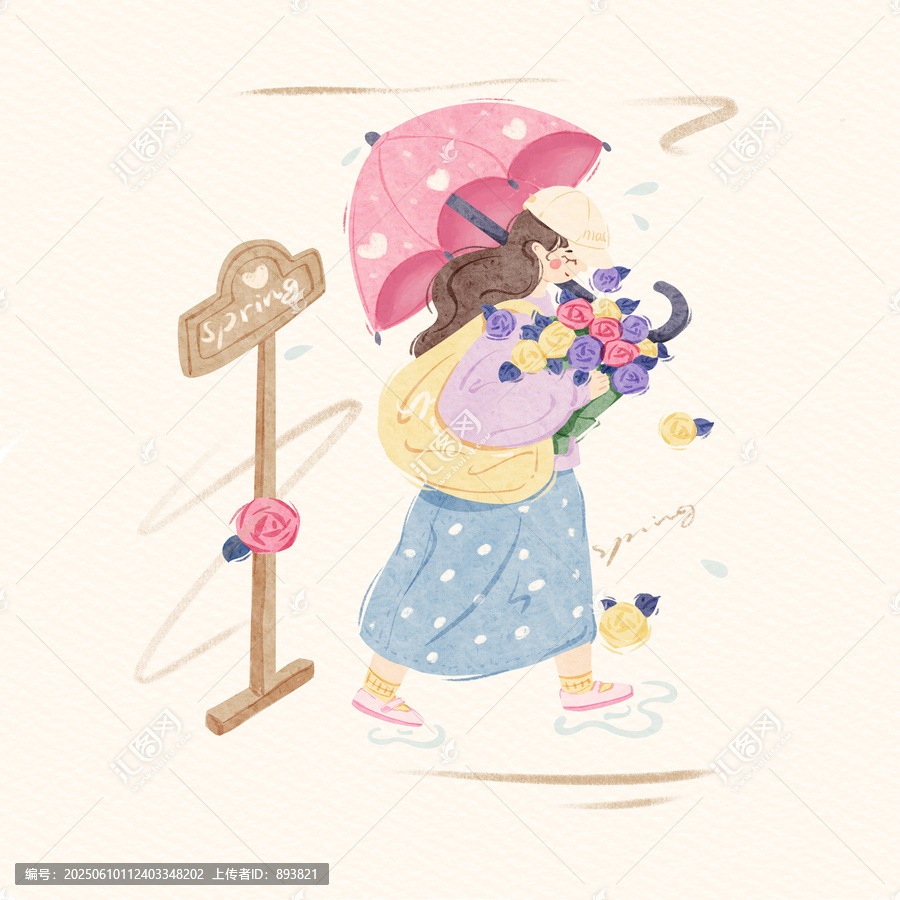 夏日多巴胺水彩手繪風(fēng)打傘女孩插畫