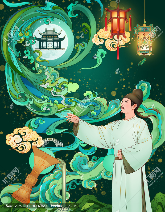 中秋古風(fēng)明月人物場(chǎng)景插畫