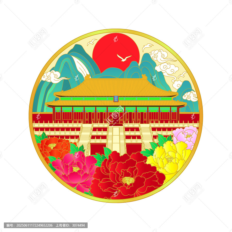 中式宮殿花卉圓形插畫