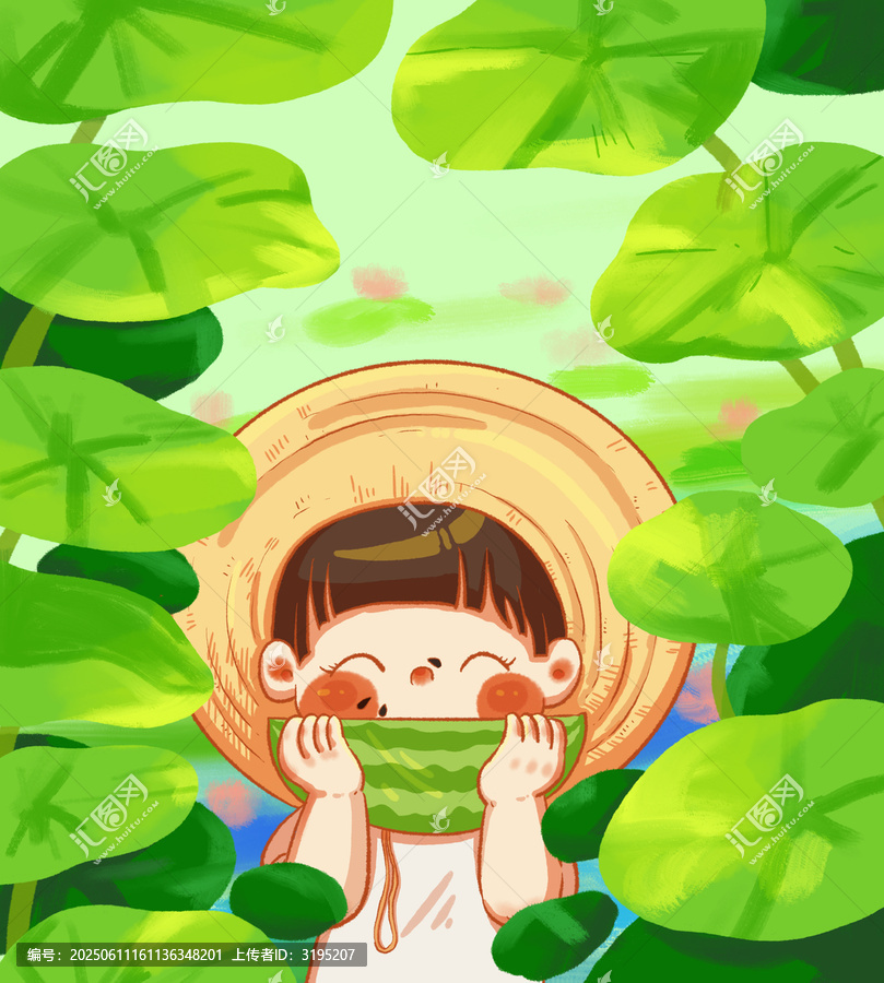 夏天吃西瓜手繪插畫