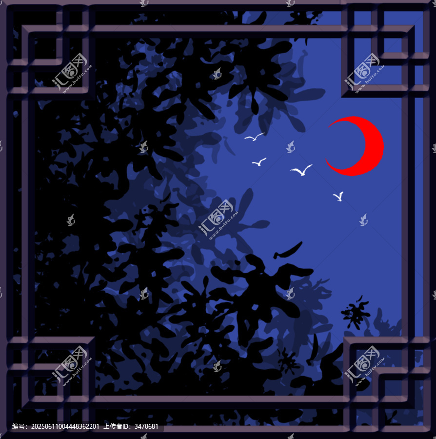 中式窗景下的月夜飛鳥