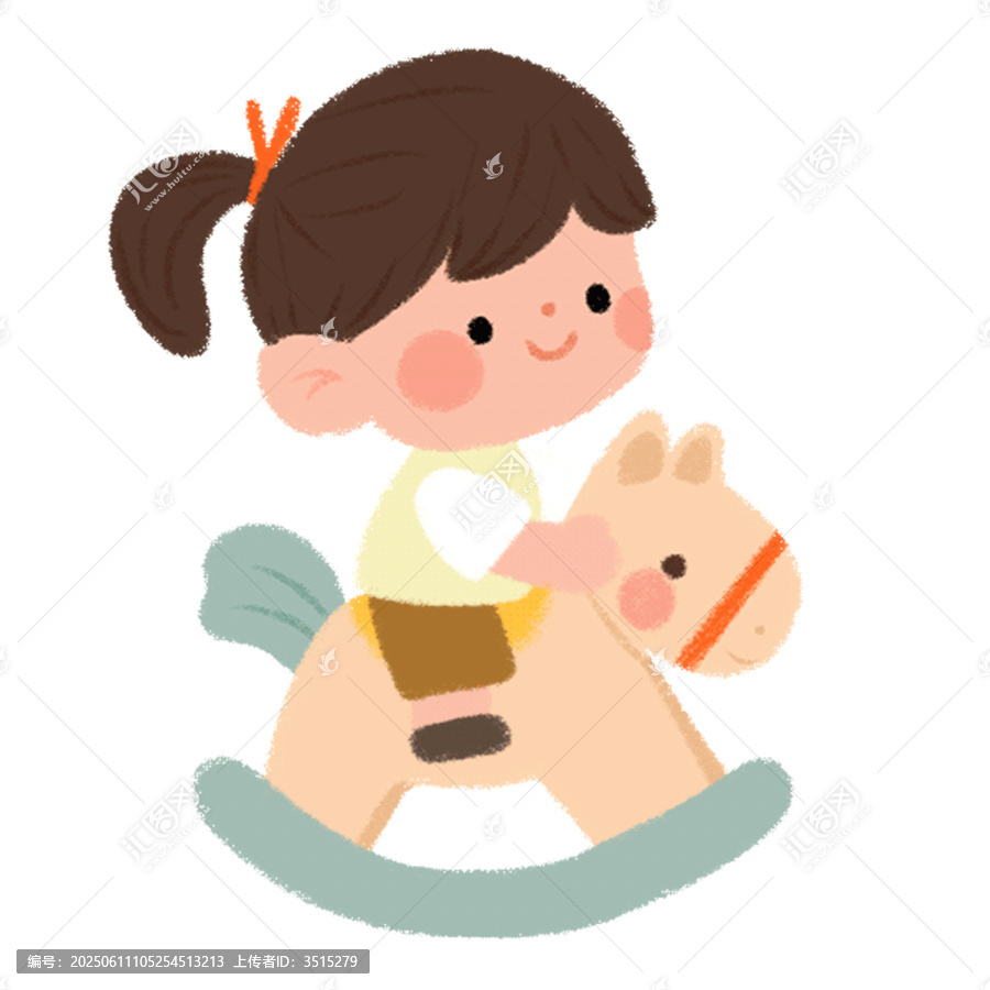 小女孩快樂騎木馬插畫