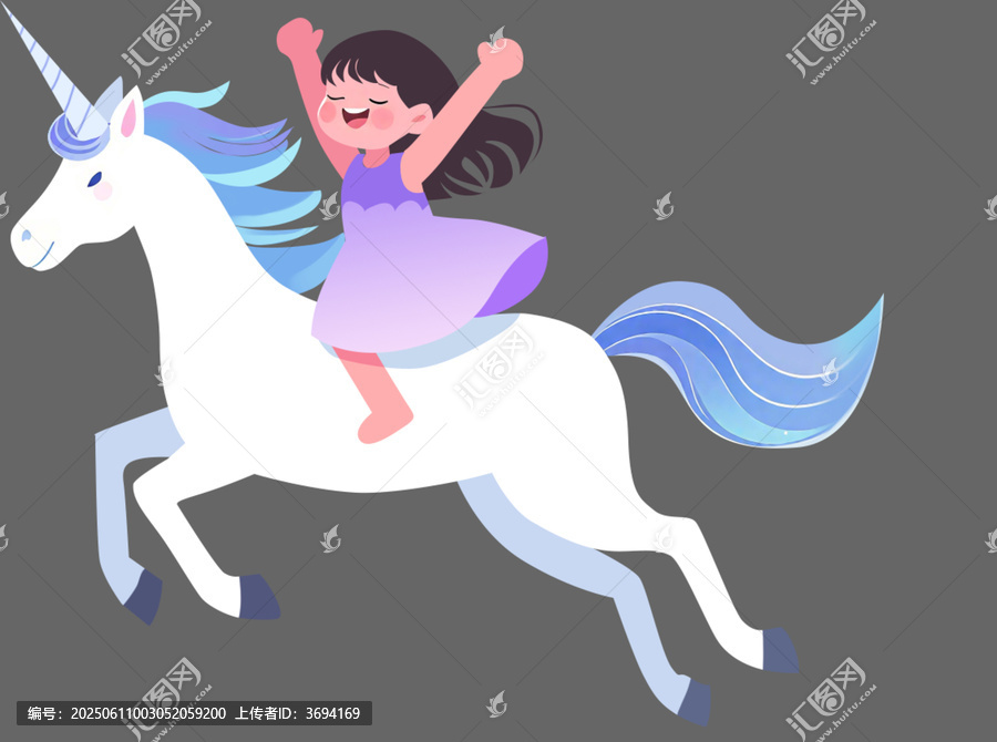 獨角獸白馬小女孩插畫