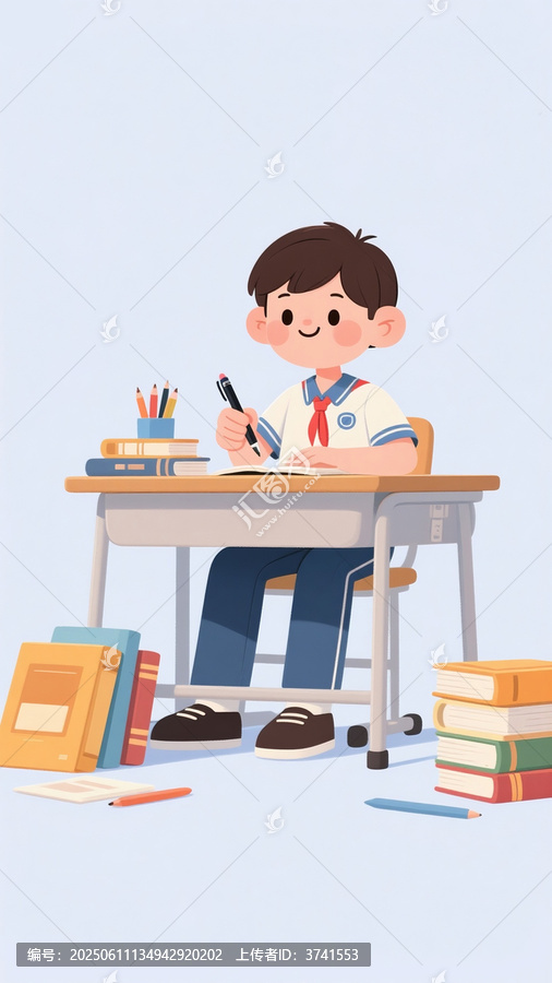 男孩專注于桌前書寫學習