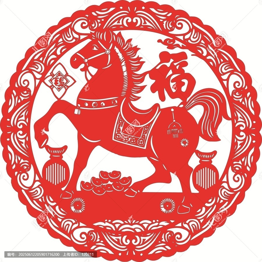 剪紙風(fēng)駿馬送福圖案