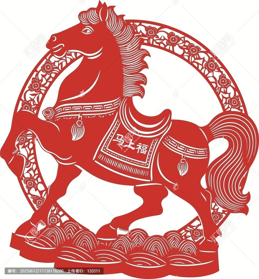 紅色剪紙風(fēng)馬上福駿馬圖