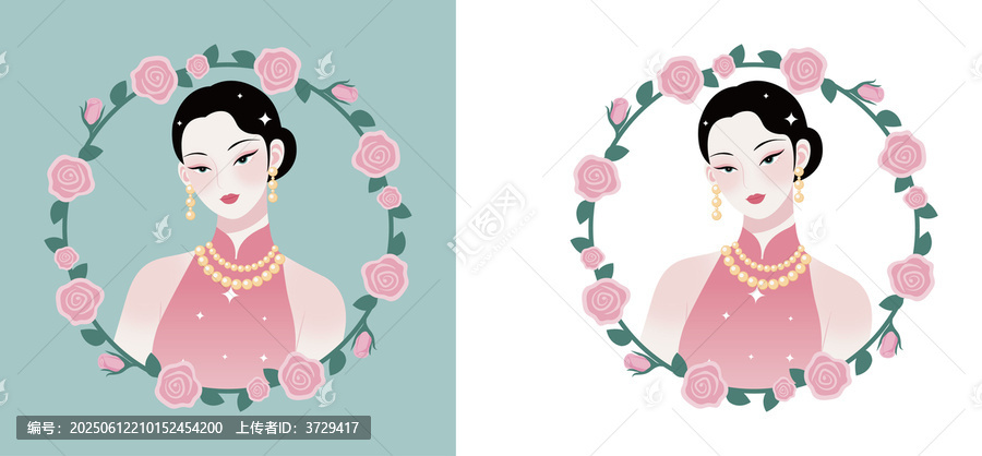 復古旗袍女子玫瑰環(huán)繞插畫