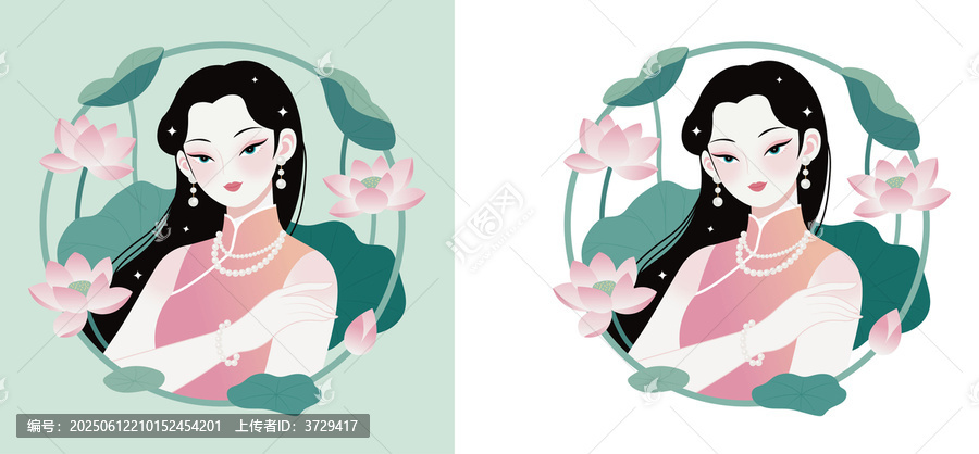 古典旗袍女子與荷花插畫
