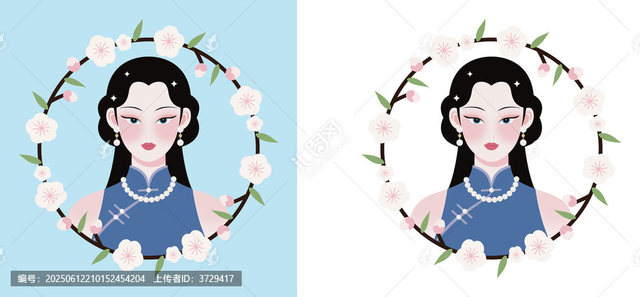 古典旗袍少女花卉環(huán)繞圖