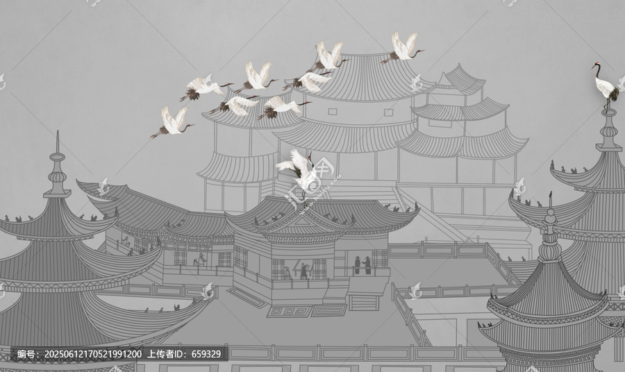 新中式古建筑山水畫