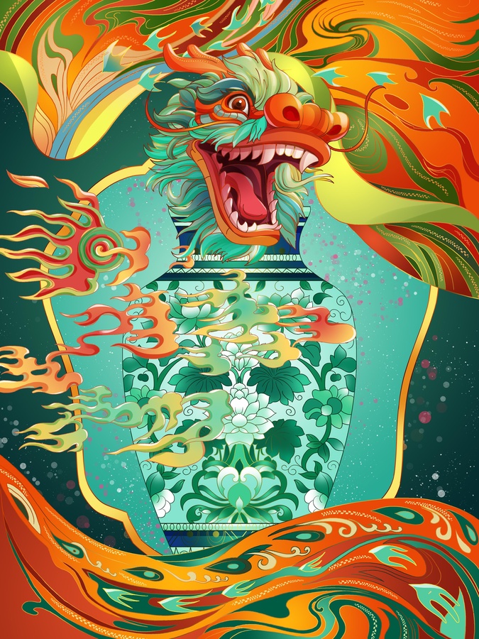 絲綢瓷器中式藝術(shù)主題插畫