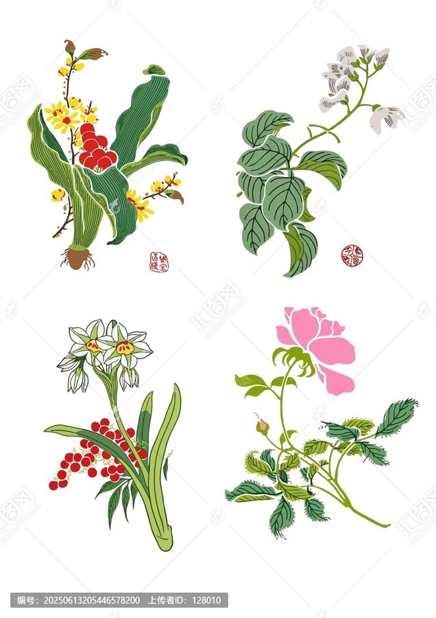 矢量國畫風格花卉植物