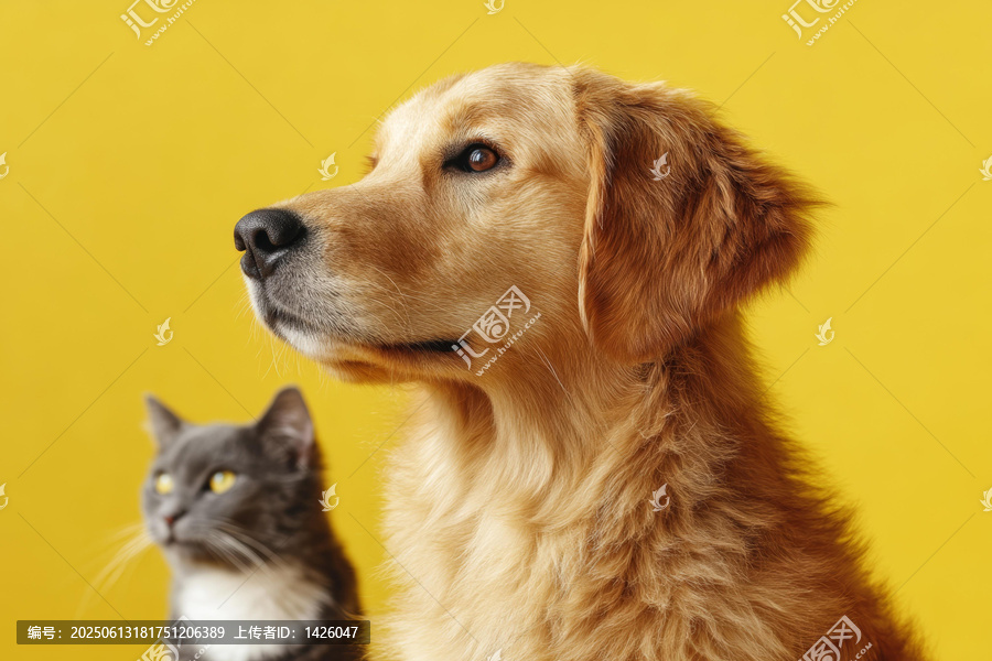 黃色背景下金毛犬和灰貓肖像