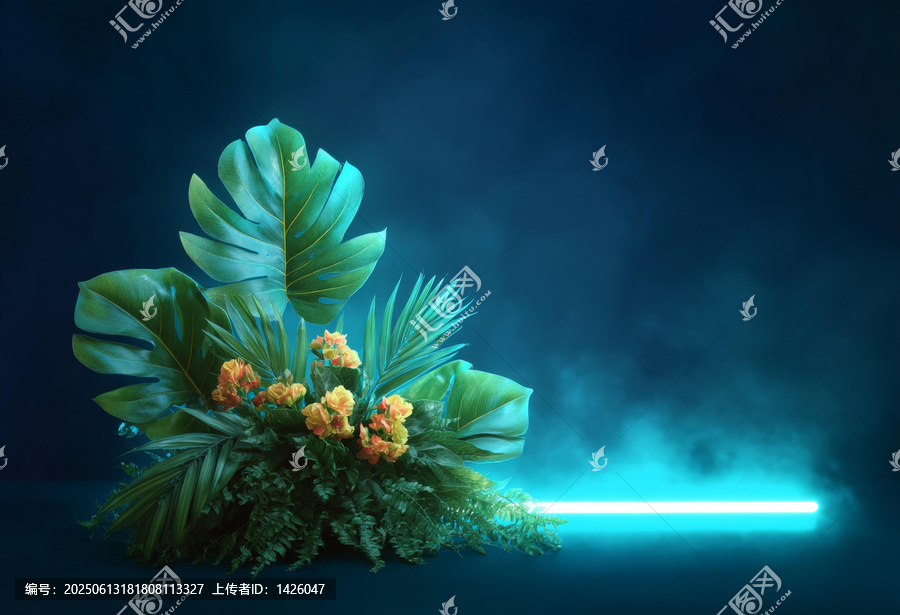 熱帶植物與霓虹燈的創(chuàng)意展示