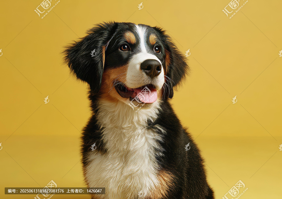 黃色背景下可愛伯恩山犬幼犬肖像
