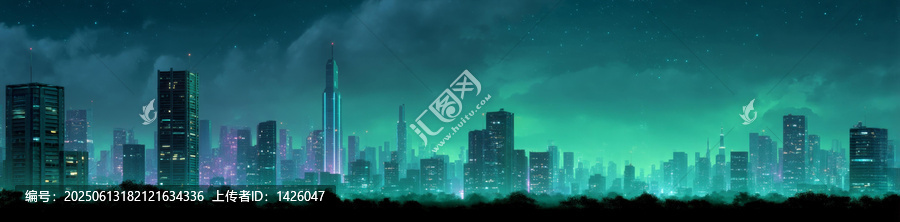 未來之夜的城市地平線