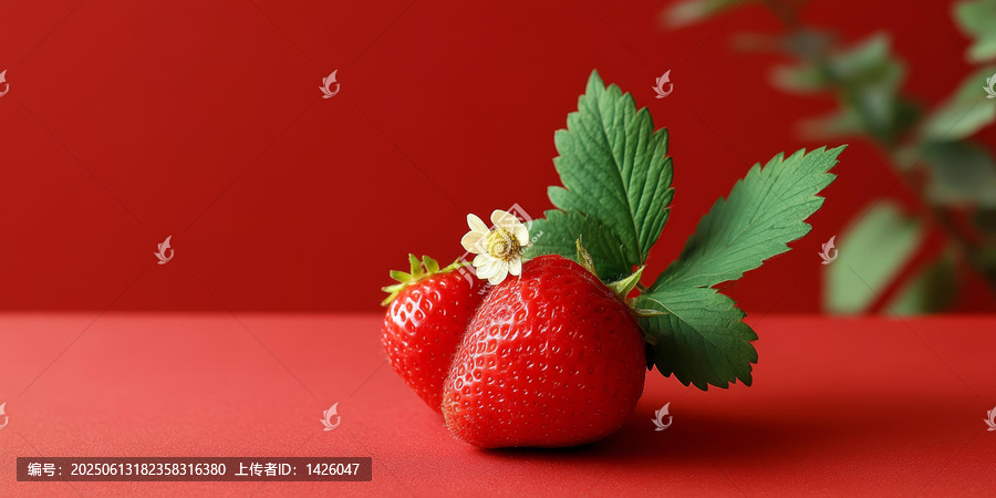 鮮紅草莓特寫與綠葉花朵