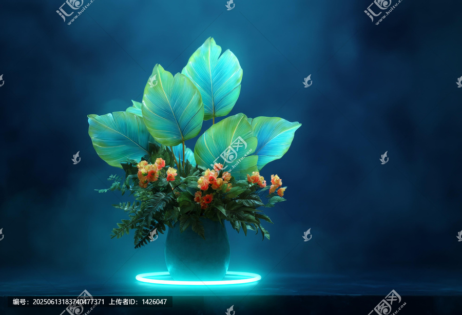 霓虹燈光下的花藝作品