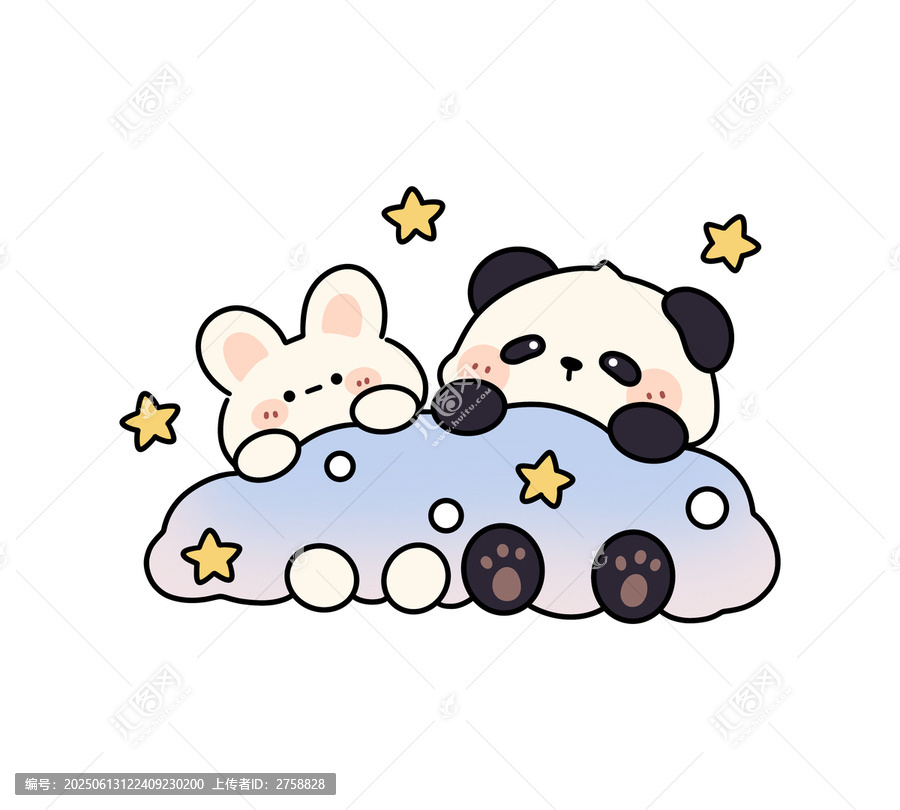 熊貓小兔共躺云朵超萌