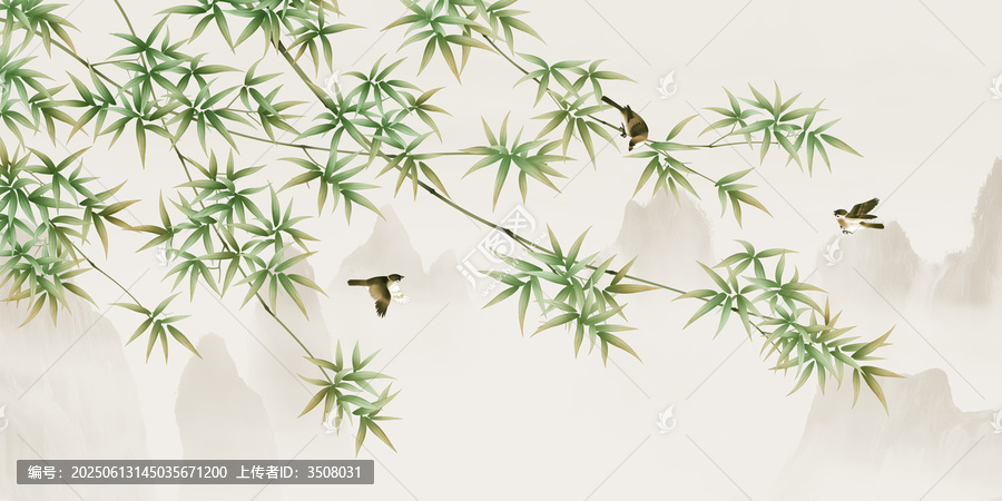 山水竹鳥素材裝飾畫