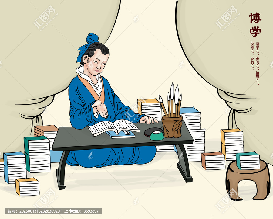 博學插畫古人讀書學習展板
