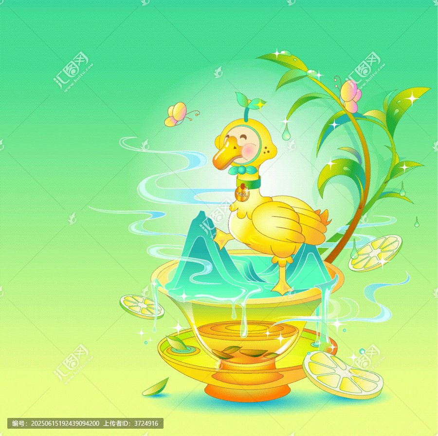 可愛小黃鴨茶葉奇幻水景插畫
