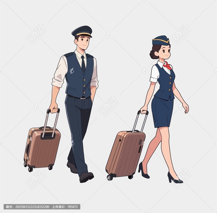 空姐和機(jī)長(zhǎng)拖著行李箱