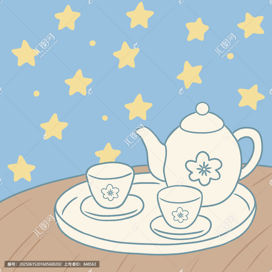 手繪茶具與星星背景圖案
