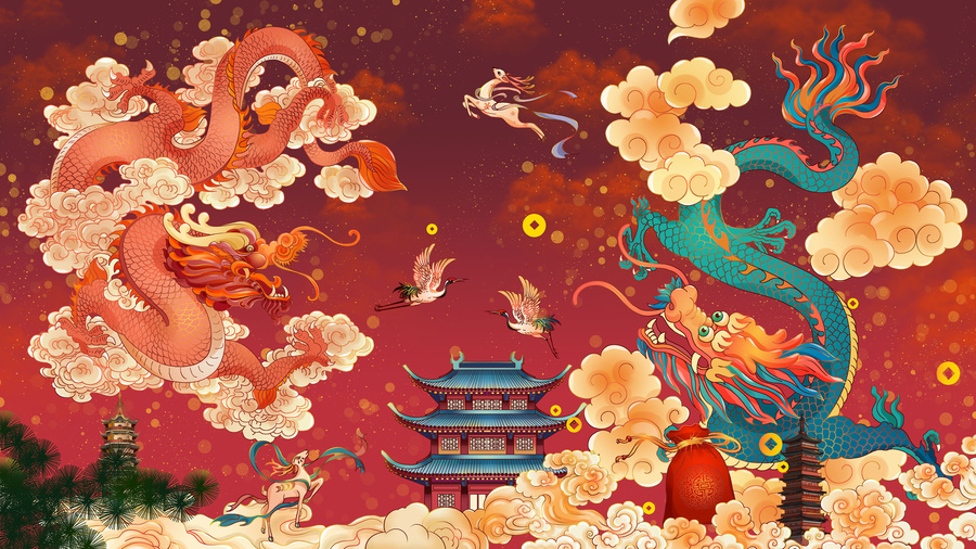傳統(tǒng)祥瑞仙鶴福祿祝福國風(fēng)素材插畫