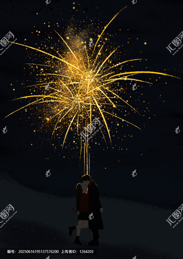 煙花下相擁的情侶