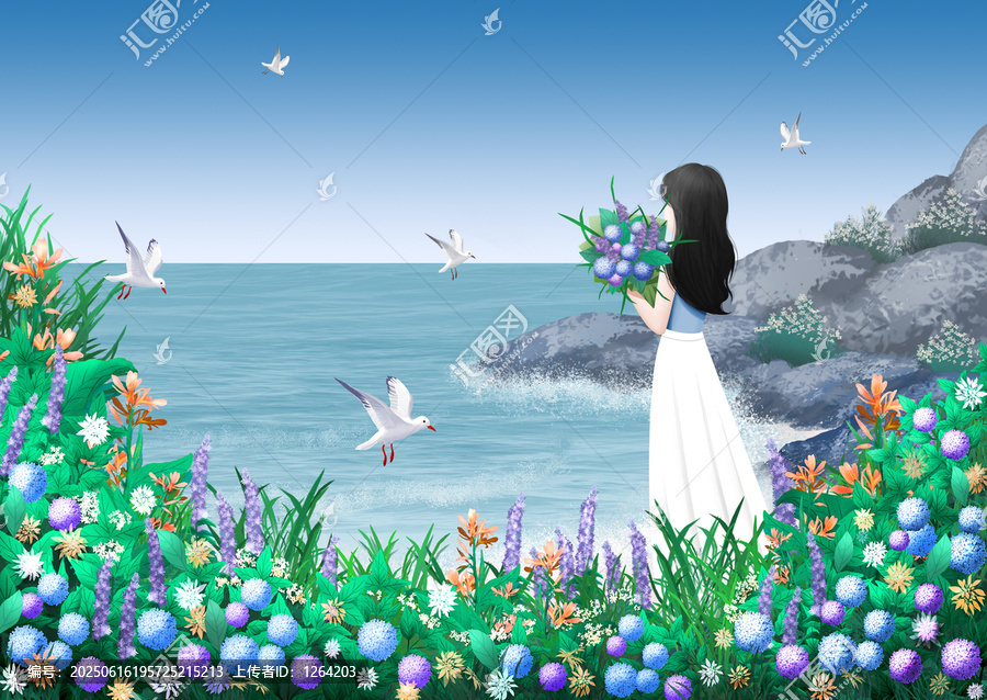 海邊持花少女與飛鳥美景
