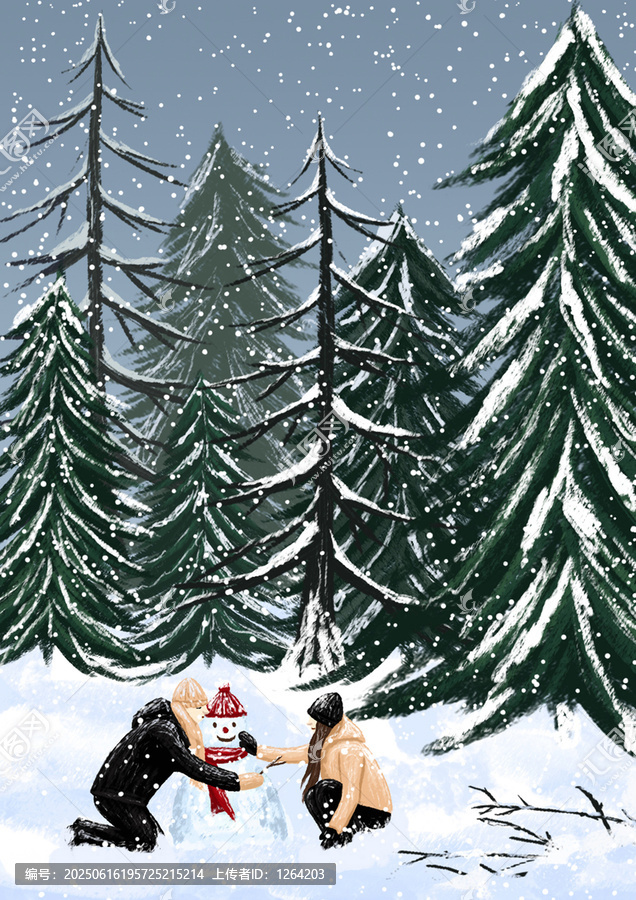 冬日雪地中的情侶堆雪人場景