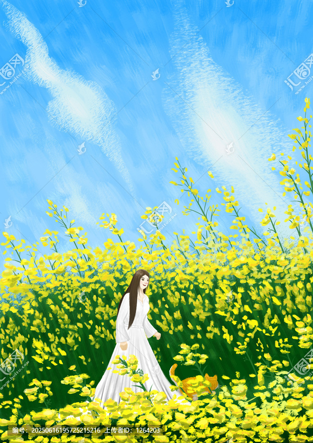 漫步油菜花海的白衣女子