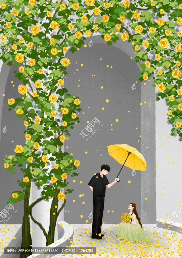 雨中黃傘下的浪漫瞬間