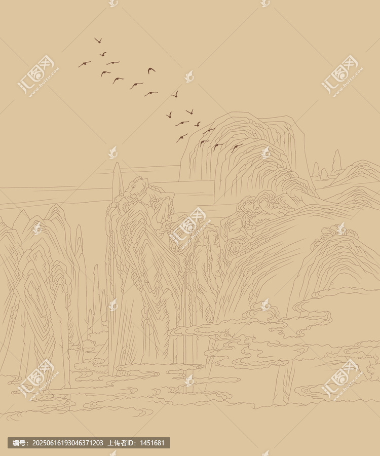 手繪山水畫白描稿