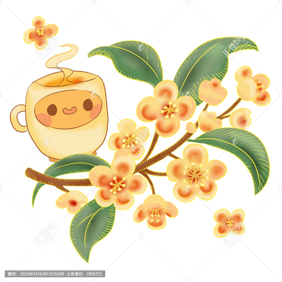 可愛茶杯與綻放花朵插畫