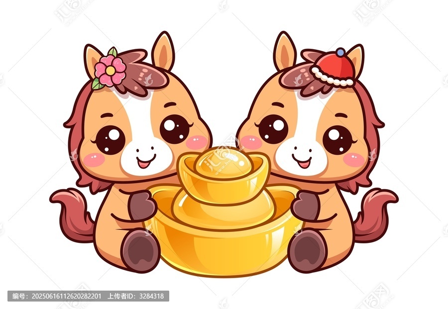 卡通馬抱元寶描邊插畫