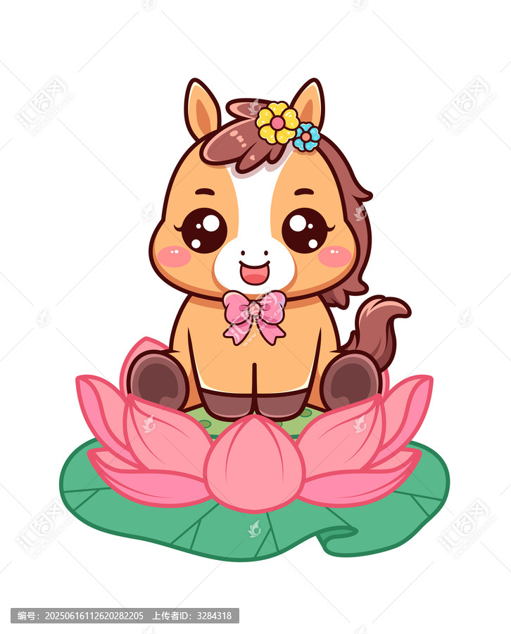 可愛小馬坐在蓮花上卡通插畫