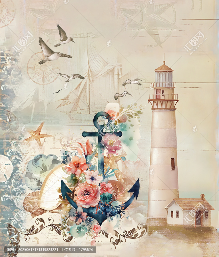 船錨航海燈塔海洋風(fēng)服裝數(shù)碼印花